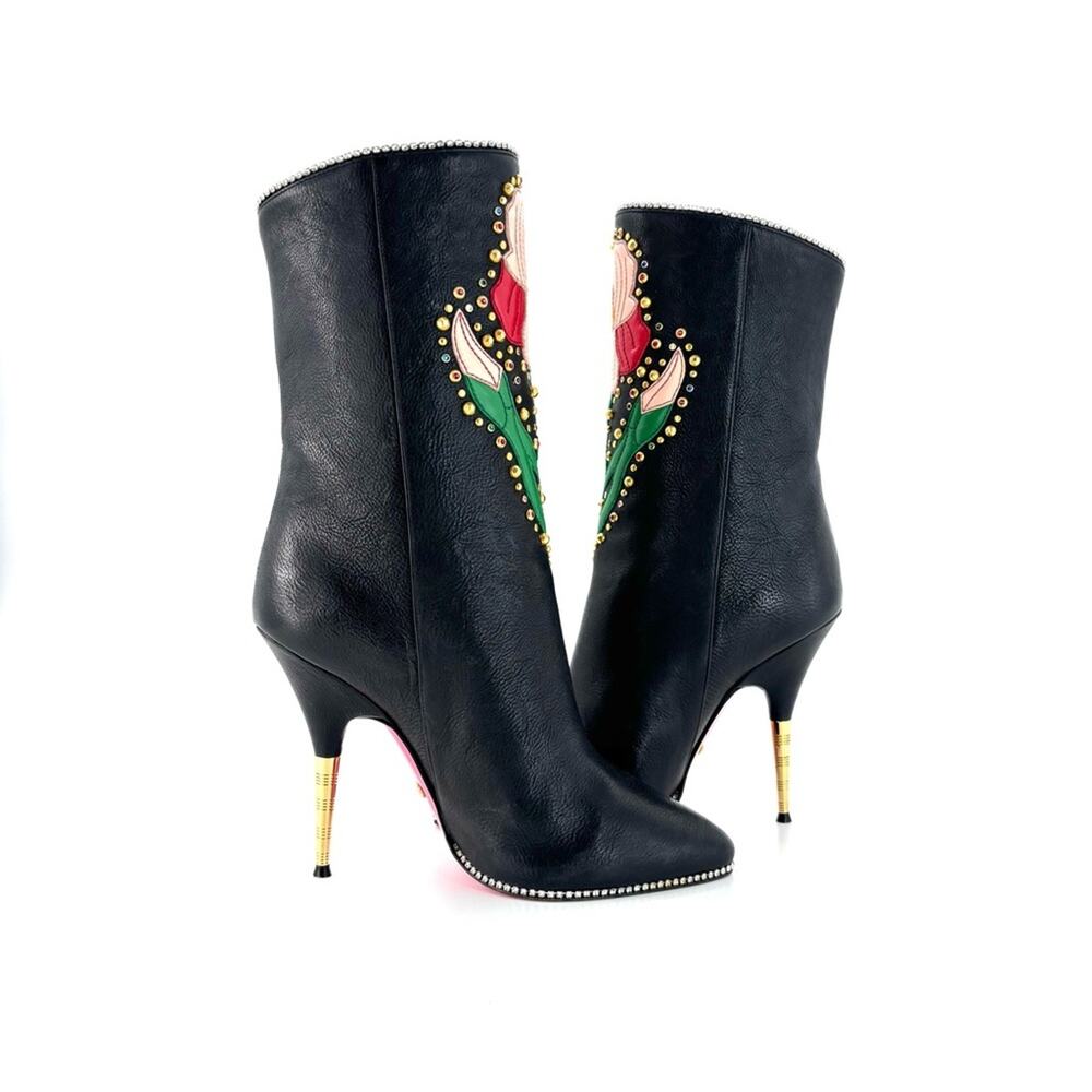 Gucci Intarsia Floral Rhinestone Embellished Black Leather Stiletto Boots 37 - Picture 4 of 10